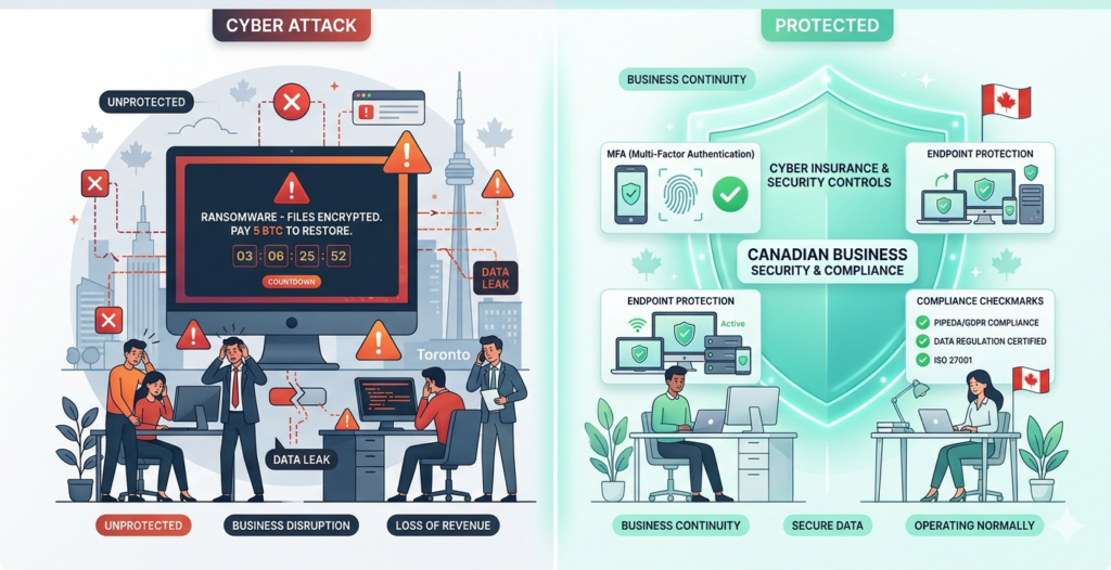 Cyber insurance for Canadian businesses showing comparison between cyber attack impact and protected small business with security controls and insurance coverage in place.
