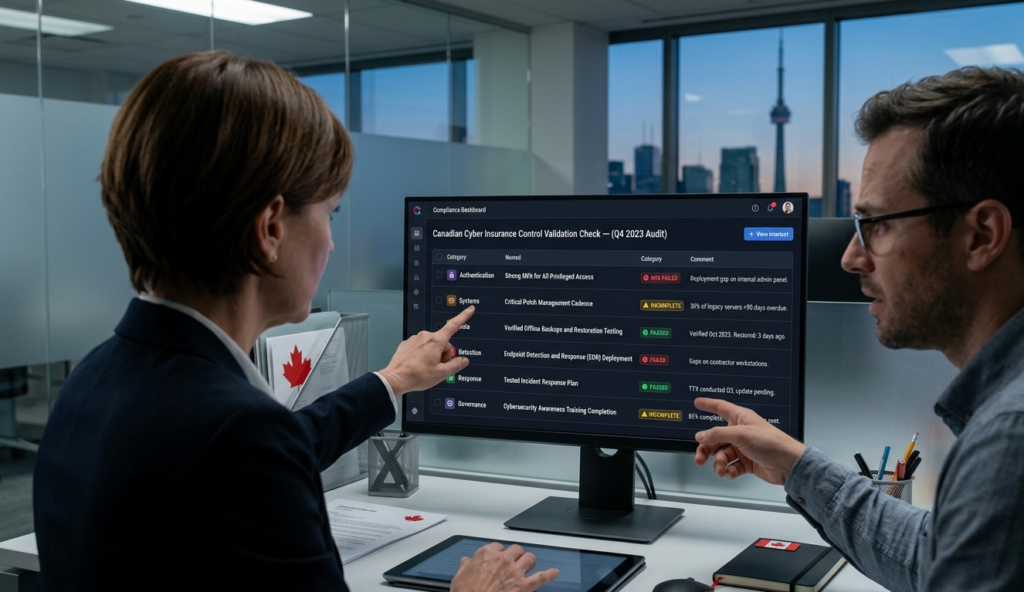 Cyber insurance controls checklist for Canadian businesses showing MFA, backup verification, patching, and endpoint security status with pass and fail indicators