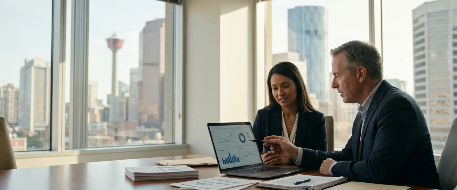 Business advisors reviewing cyber readiness evidence on a laptop in a Calgary office