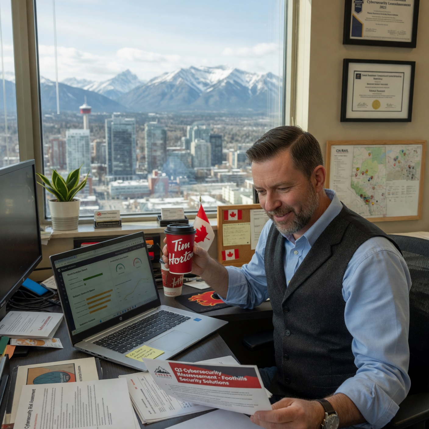 Canadian professional using Readiness AI platform for private cyber verification at home office