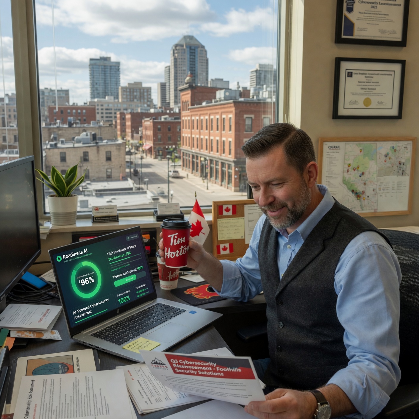 Canadian business professional with security compliance badge using Readiness AI platform for cyber control verification