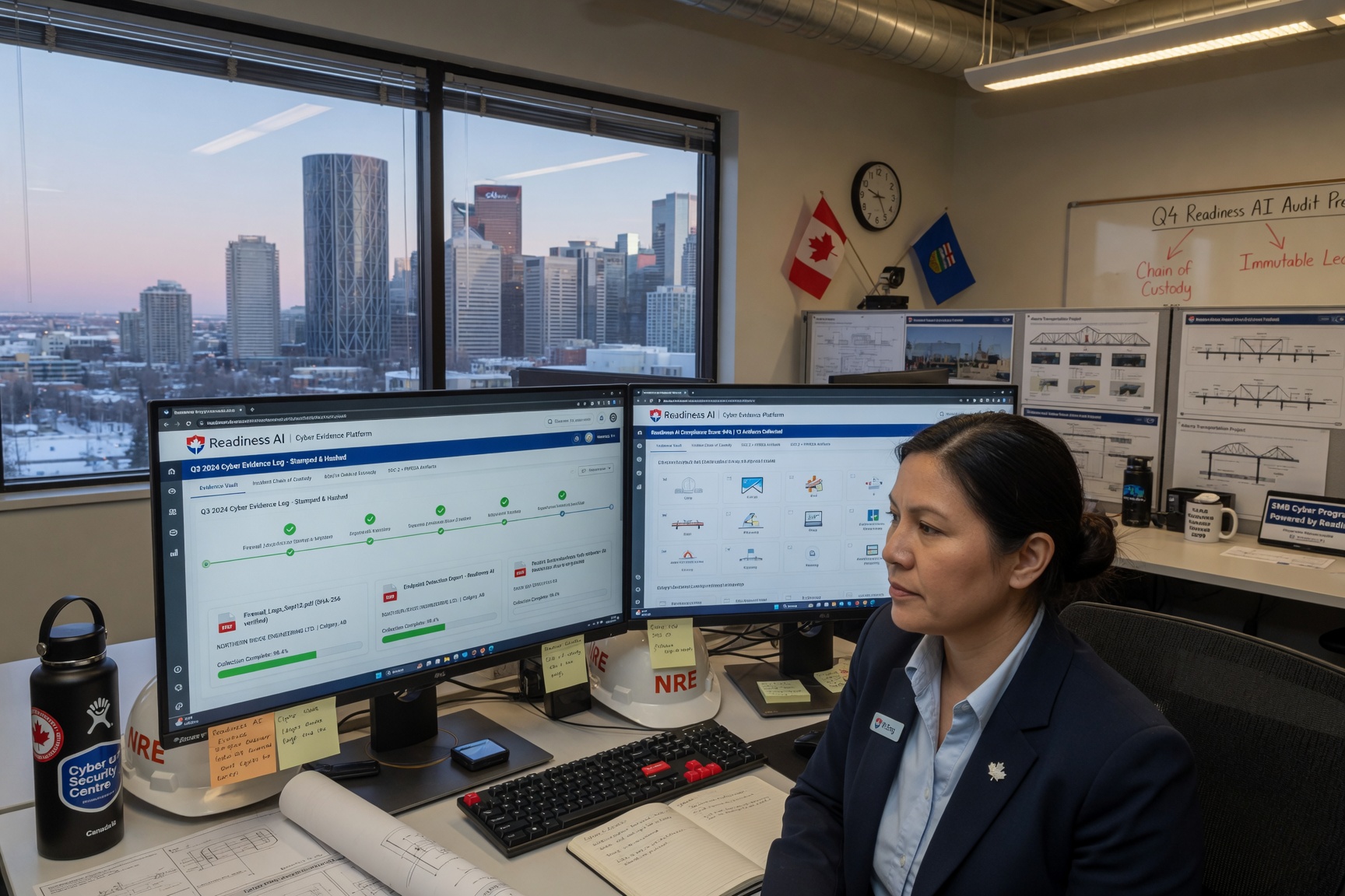 Canadian business professional managing vendor security questionnaire on multi-monitor workstation with Readiness AI