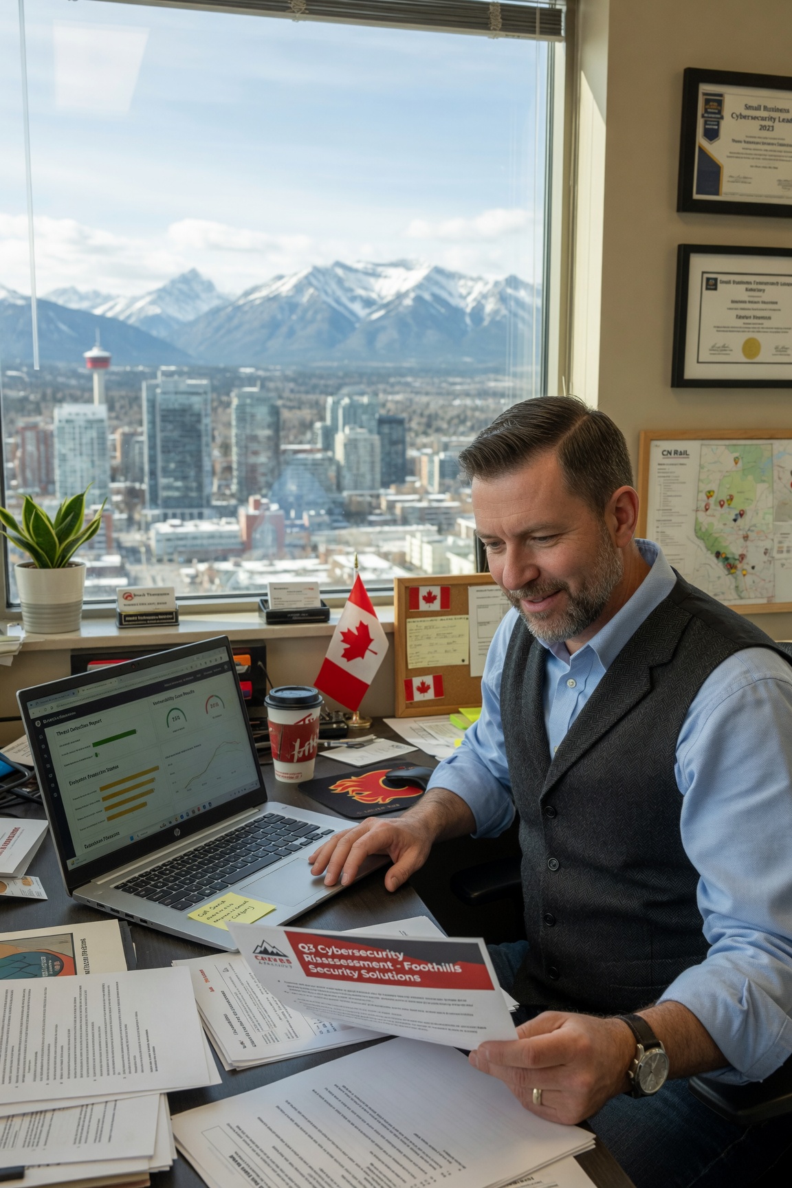Canadian SMB owner reviewing cyber insurance questionnaire on laptop with city view