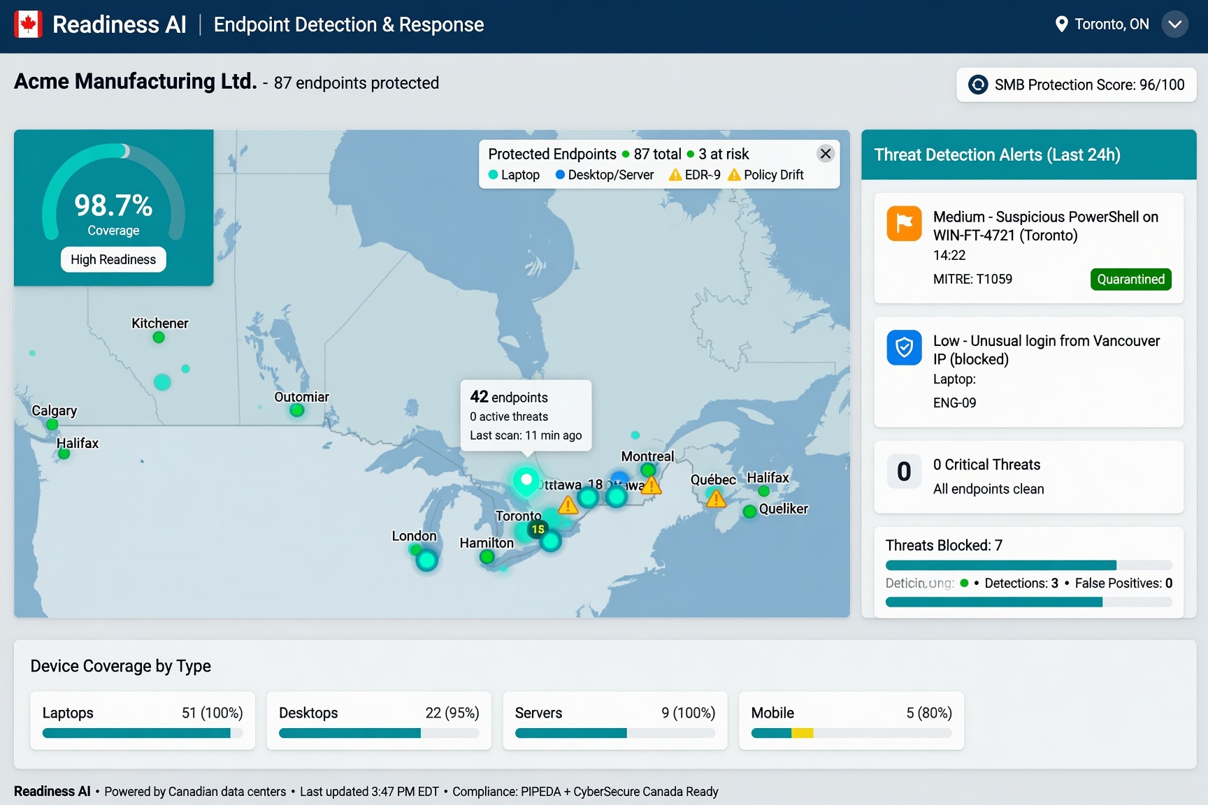 Readiness AI endpoint detection showing Canadian business location map for private cyber verification deployments