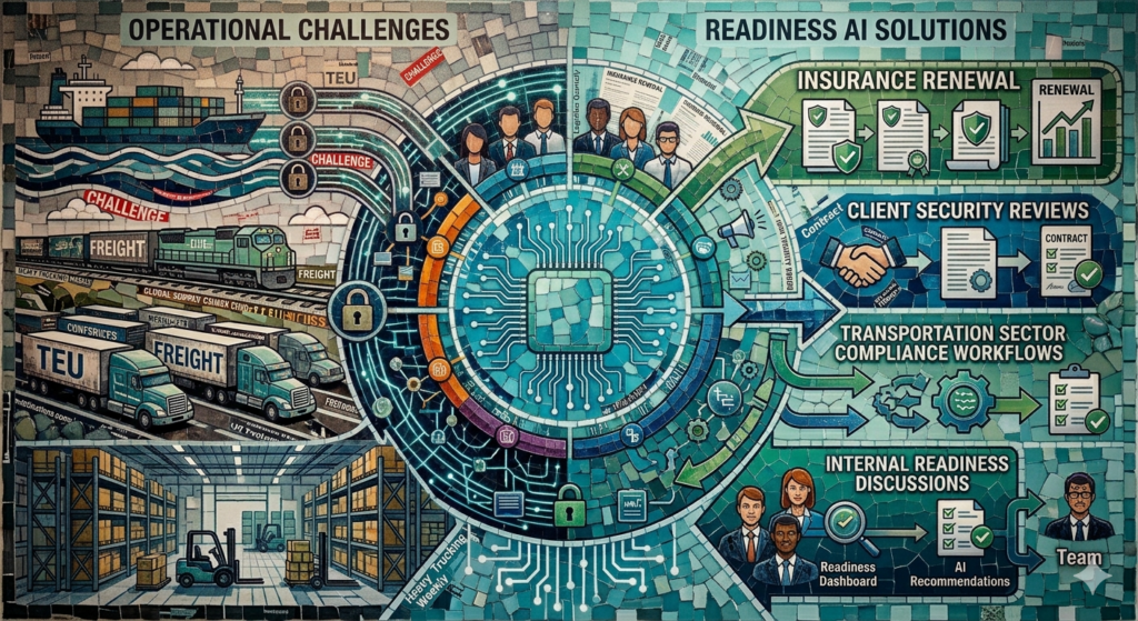 A light aquamarine mosaic illustration showing Readiness AI managing cyber control evidence for the logistics sector, featuring imagery of freight ships, trucking, and warehouses alongside compliance workflows for insurance and transportation security reviews.
