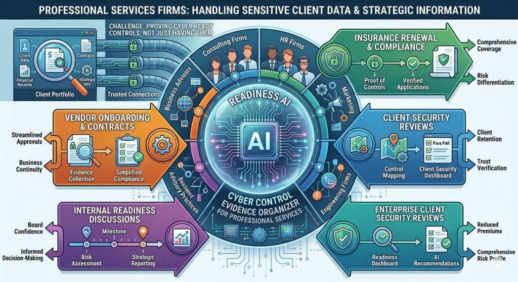 Infographic showing how Readiness AI helps professional services firms—including consultants, HR, and engineering—organize cyber control evidence for insurance renewals, client security reviews, and vendor onboarding.