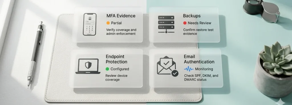 Sample cyber readiness evidence cards for MFA, backups, endpoint protection, and email authentication
